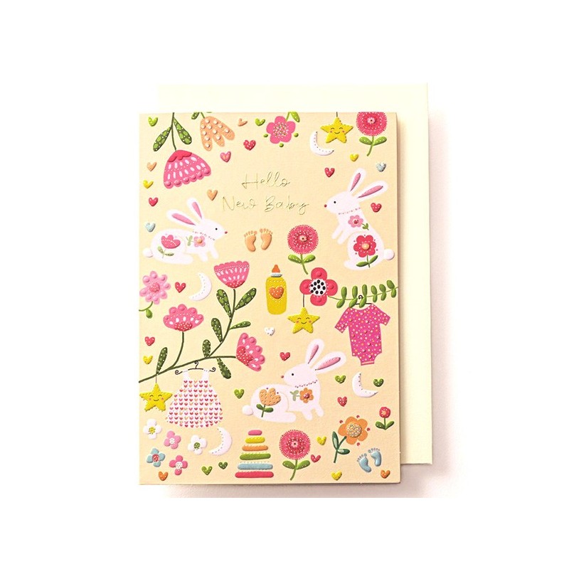 EAGC1105 Pink New Baby Card Rabbits